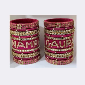 Home Personalized bridal jewelry featuring customized name silk thread bangles with gold kundan charms